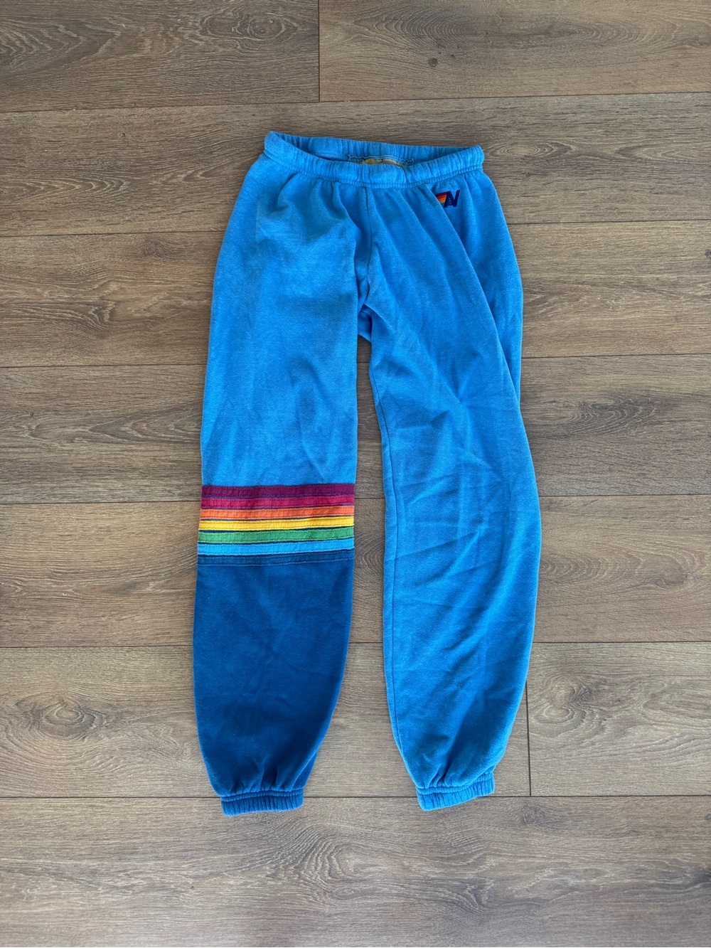 Aviator Nation Blue Fleece Sweatpants with Rainbow Stripes